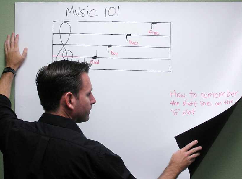 Music 101 Classroom Projection Projection screen displaying music notes and instructions.