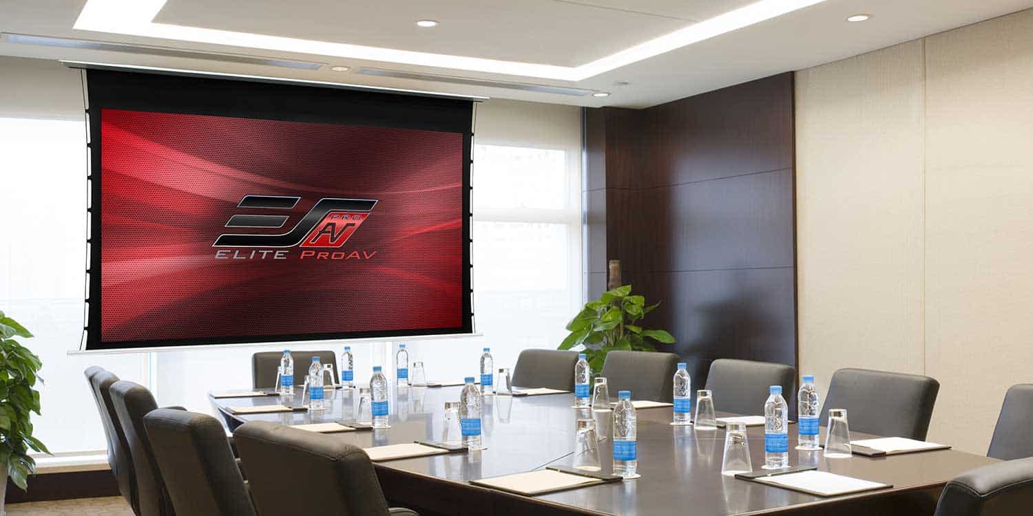 Commercial-grade projector screen in a modern conference room setting.
