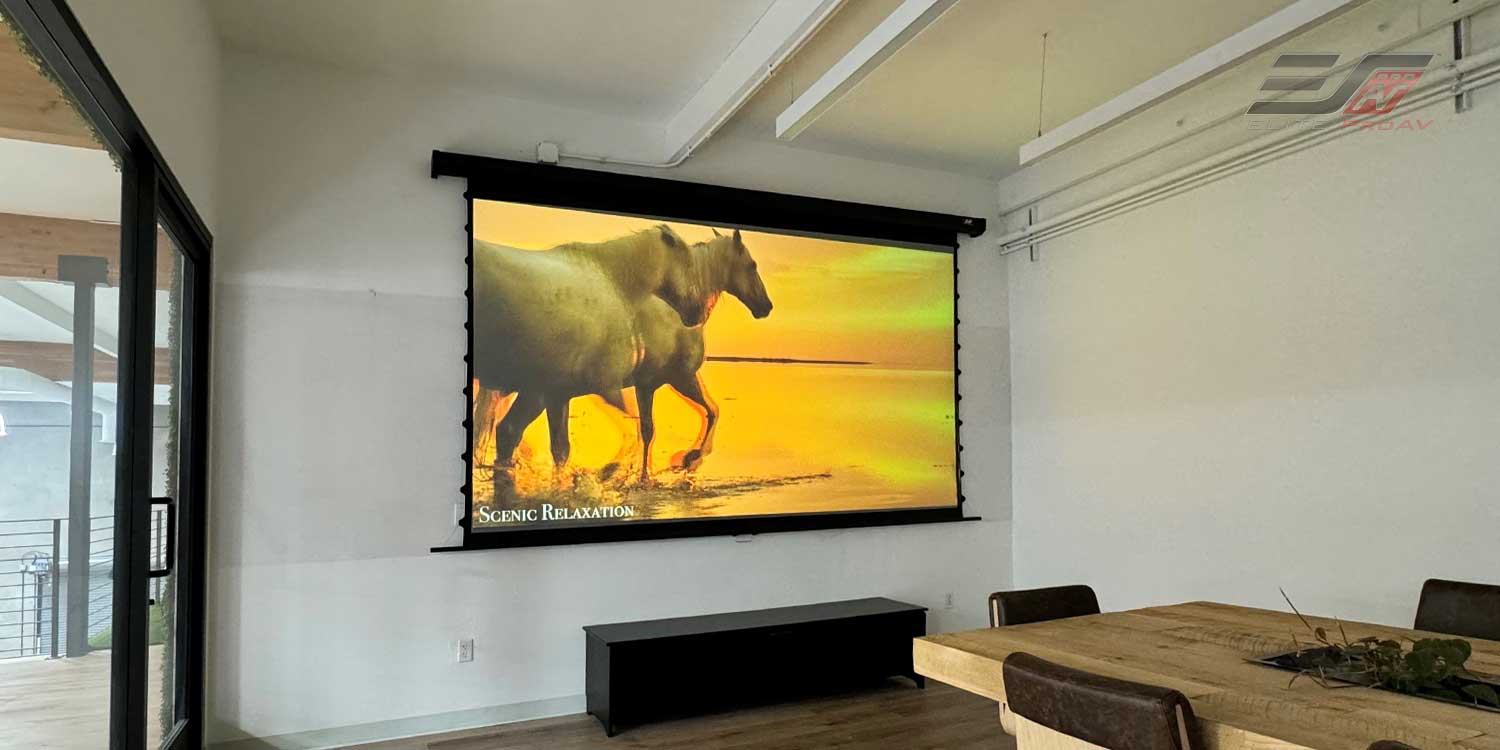 Commercial grade projector screen displaying horses in a modern conference room.