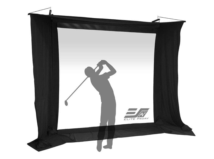 EliteProAV Commercial Grade Projector Screen High-quality black projector screen with a golfer silhouette for presentations.
