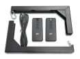 Commercial grade projector screen with remote controls and accessories.