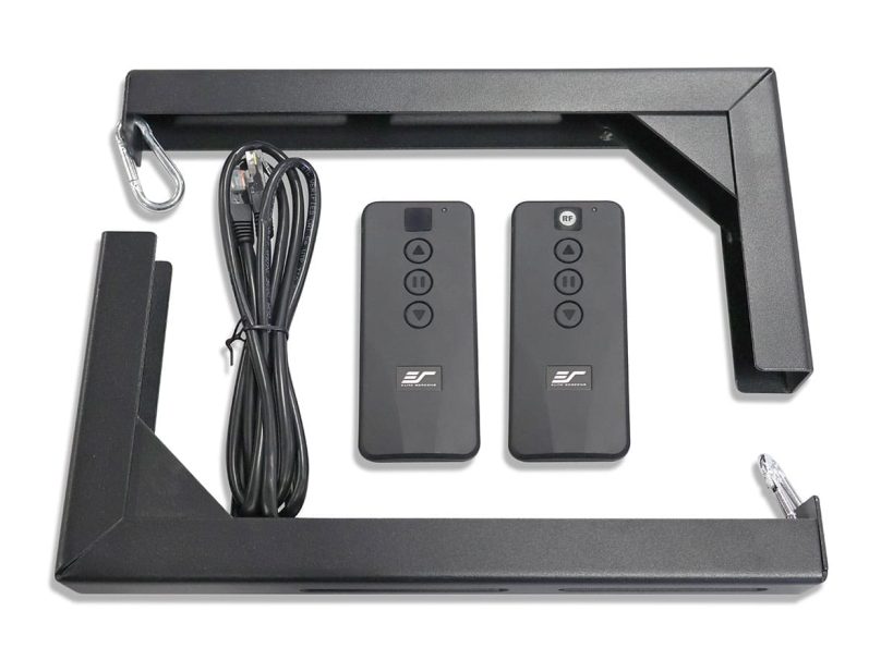 EliteProAV Commercial Projector Screen Kit Commercial grade projector screen with remote controls and accessories.