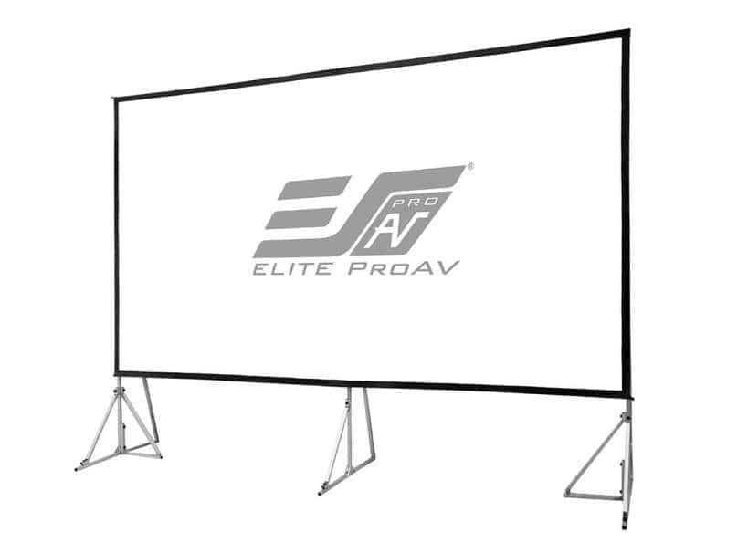 Commercial grade projector screen with sturdy tripod stand for presentations.