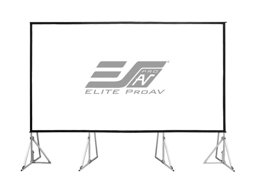 EliteProAV Projector Screen Commercial grade projector screen with sturdy tripod stands for presentations.
