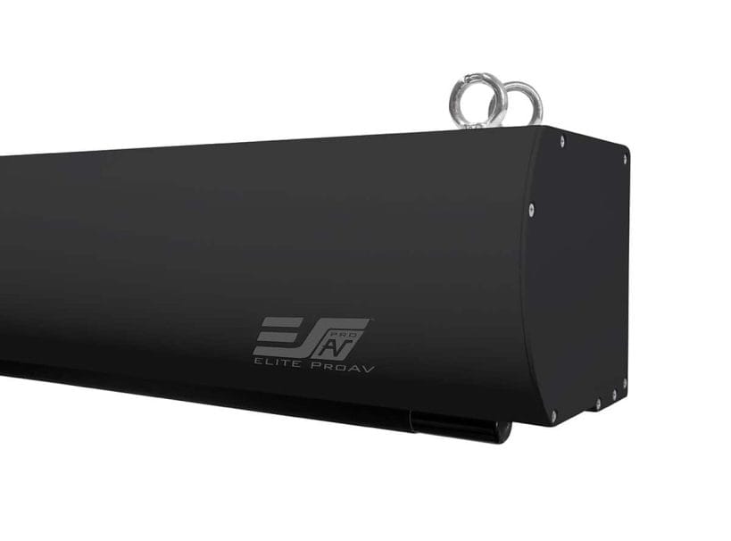 EliteProAV Projector Screen Enclosure Black projector screen enclosure with mounting rings for commercial AV setups.
