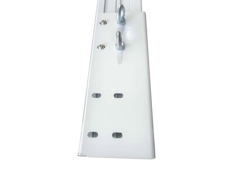 Projector Screen Mount Bracket White projector screen mount bracket with hooks and mounting holes.